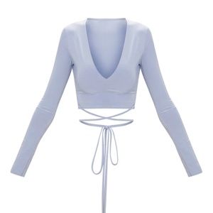 Powder Blue Slinky Long Sleeve Tie Waist Crop Top